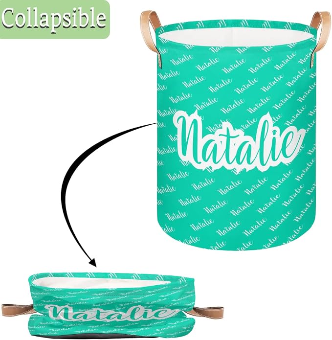 Personalized Laundry Basket, Custom Gift Laundry Hamper, Collapsible Nursery Waterproof Laundry Baskets, Dirty Clothes Toy Hamper with Handles Name Blue Green