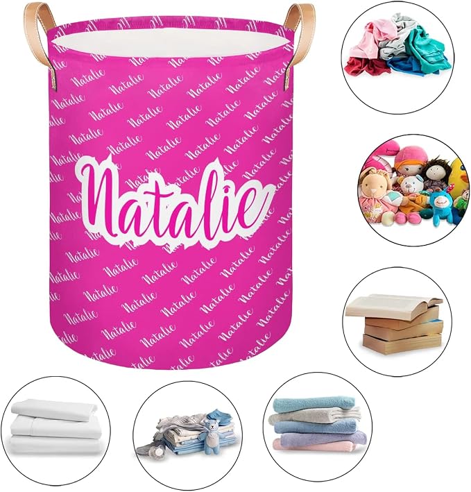 Personalized Laundry Basket, Custom Gift Laundry Hamper, Collapsible Nursery Waterproof Laundry Baskets, Dirty Clothes Toy Hamper with Handles Name Hot Pink