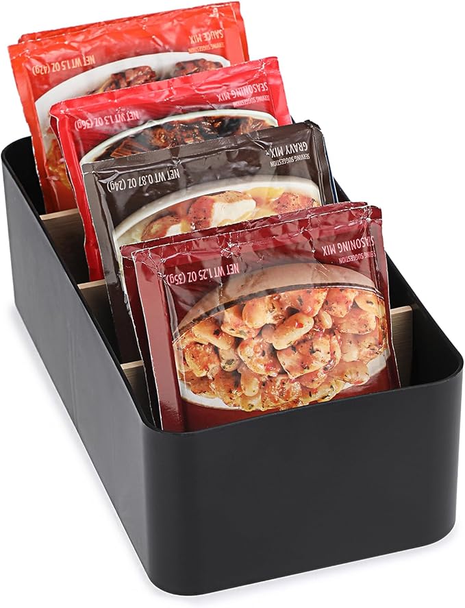 BSTKEY Seasoning Packet Organizer, Food Storage Organizer with Divided 4 Bamboo Wood Compartments, Black Plastic Storage Caddy for Pantry Cabinet, Kitchen Organization Bin for Snacks Spice Packets