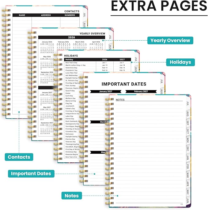 Planner 2026-2027, Hardcover Monthly and Weekly Academic Planner July 2026 - June 2027, Teacher and Student Calendar Agenda Book with Tabs, A5 (6.3" x 8.5"), Ideal for School and Office, Floral Planner, Coral Horizon