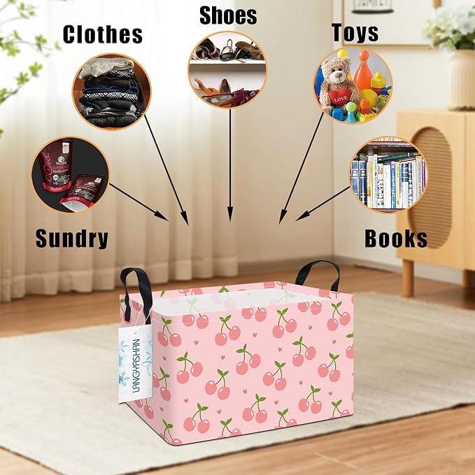 Rectangular Collapsible Pink Cherry Storage Basket Nursery Toy Organizer | Storage Bin Foldable Canvas with Handles for Organizing Home Kitchen Children Toys Office Closet Shelf Baskets