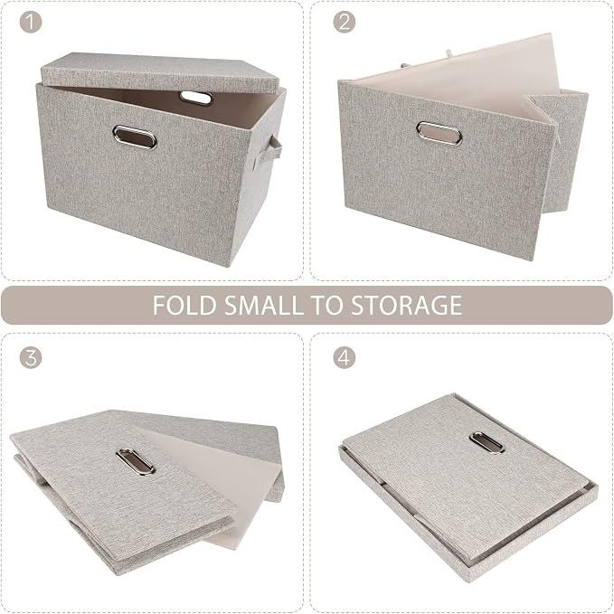 Graciadeco Large 17" 36 Quart Collapsible Stackable Storage Bins with Lids, 5 Packs Beige Linen Fabric Closet Boxes with Lids, Storage Cube Baskets Container Organizers for Bedroom Office(17 x12 x11)