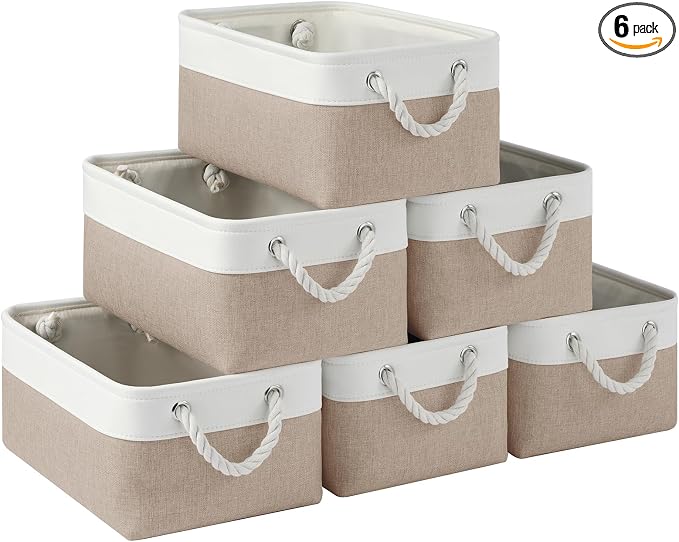 Storage Baskets for Shelves 13.8x9.8x6.7 Inch, Foldable Fabric Storage Bins with Handles, Small Storage Baskets for Organizing Closet, Office, Home Organization (6-Pack, White&Khaki)