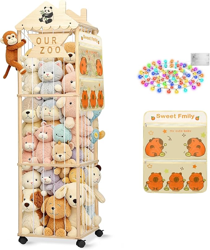 KITHELP Stuffed Animal Storage, Extra Large Stuffed Animal Organizer with Wheels, Wooden Tall Animal Zoo Display, Plushies Toy Holder with Lights and Pockets for Nursery, Playroom, Bedroom