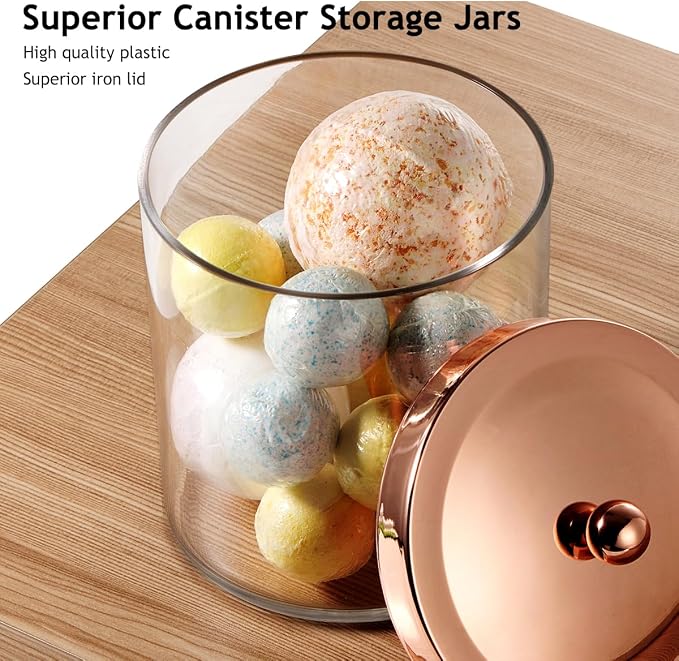 SheeChung 3-Pack Plastic Apothecary Jars with Rose Gold Metal Lids - Large 50oz, 25oz & 15oz Acrylic Storage Set - Shatterproof Laundry Room & Bathroom Organizer - Modern Minimalist Chic Decor