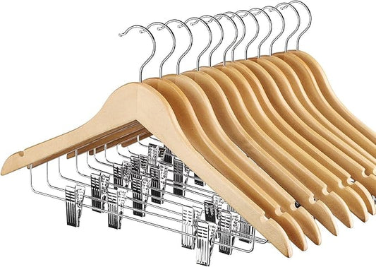 HOUSE DAY Wooden Hangers with Clips 72 Pack,Wooden Suit Hangers Skirt Hangers Solid Wood Pants Hangers Natural Smooth Finish Wood Hangers with Durable Metal Clips for Blouse, Dress, Coat, Jacket