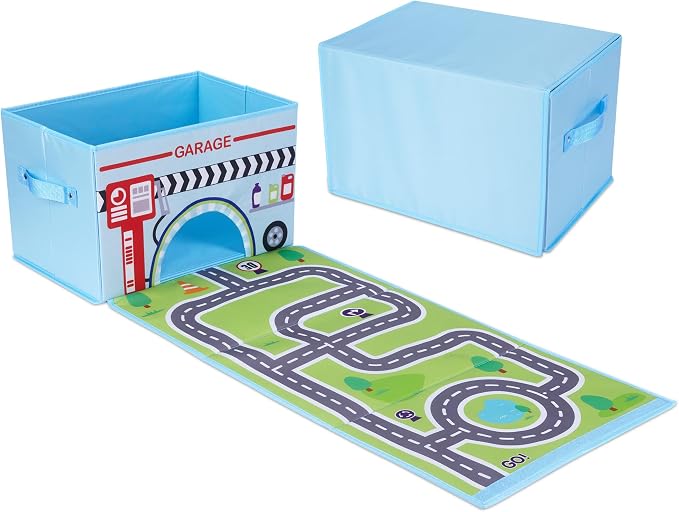 SAM AND MABEL Toy Cars Garage Box – Toy Storage Box with Car Rug Play Mat, Collabsible Storage Organizer for Boys and Girls (GoGarage)