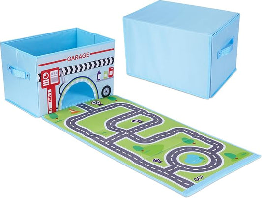 SAM AND MABEL Toy Cars Garage Box – Toy Storage Box with Car Rug Play Mat, Collabsible Storage Organizer for Boys and Girls (GoGarage)