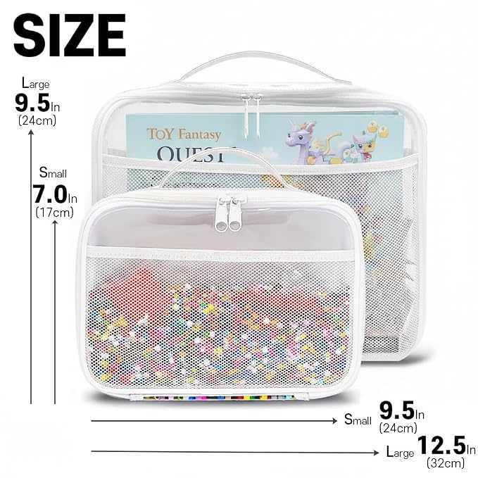 holay 4 Packs PVC Toy Storage Organizer with Zipper, Name Tag & Manual Pocket, Clear Durable Case for Blocks, Clay, Board Games, Travel (White, Small)