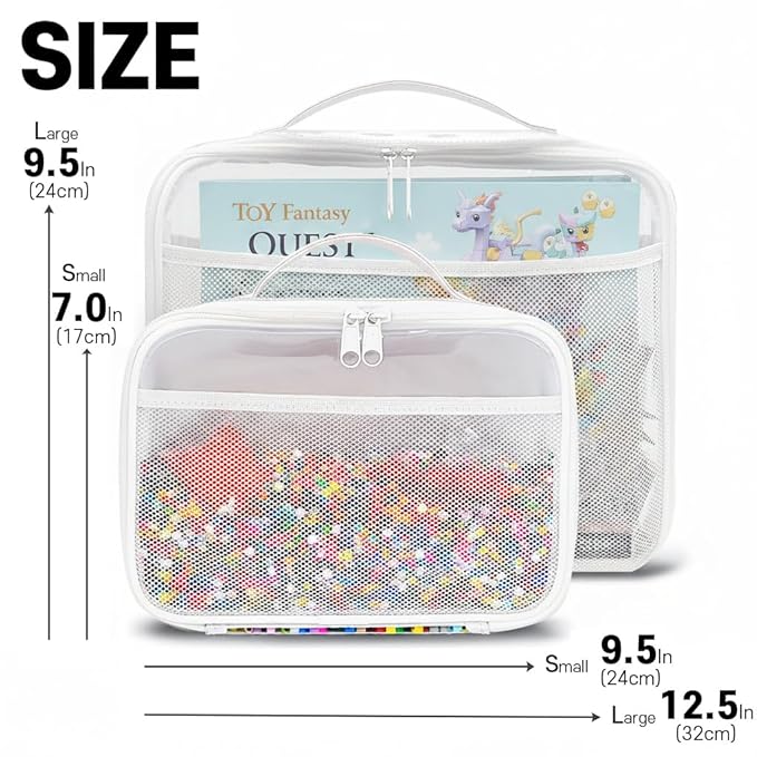 holay 4 Packs PVC Toy Storage Organizer with Zipper, Name Tag & Manual Pocket, Clear Durable Case for Blocks, Clay, Board Games, Travel (White, Small, Large)