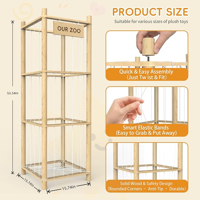 Stuffed Animal Storage Organizer, 53.5" Solid Wood Zoo Toy Holder for Kids Bedroom, Nursery & Playroom, Large Plush Toy Storage Holder, Holds 40 Plush Stuffed Animals, No-Tool Easy Assembly