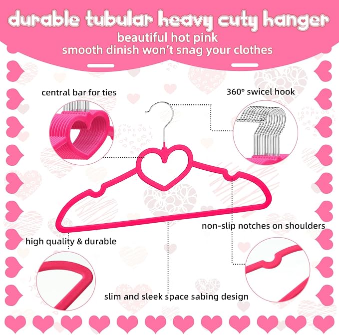 Qunclay 50 Pcs Hot Pink Velvet Heart Hangers, Non-Slip Felt Clothes, Heavy Duty Sturdy Heart Clothes Coat Hanger, Cute Kawaii Room Decor for Adult Women, Space Saving No Hanger Mark, 360° Swivel Hook
