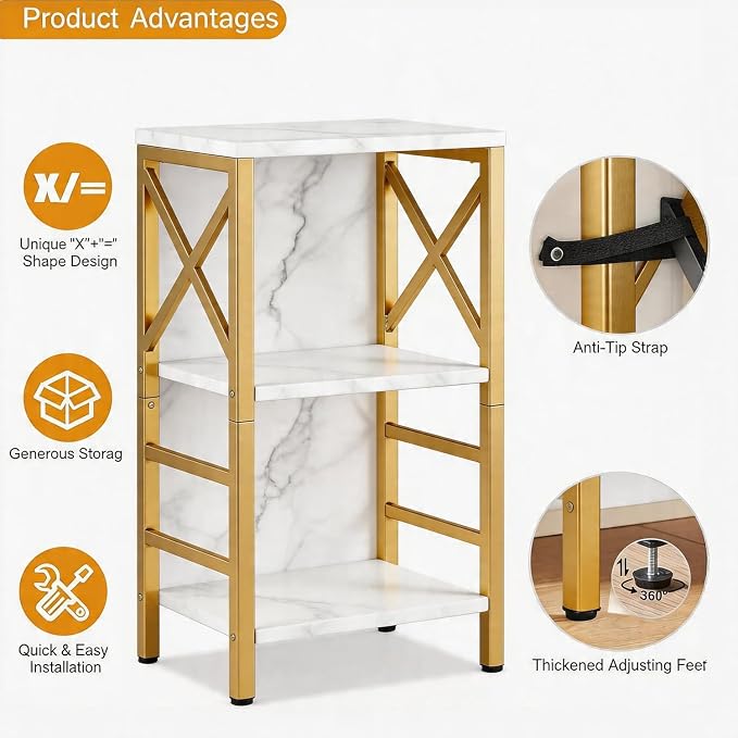 MNEETRUNG Small Bookshelf,3 Tier Industrial Bookcase with Metal Frame and Backboard,Low White and Gold Book Shelf,Book case for Small Spaces,Living Room,Bedroom and Home Office