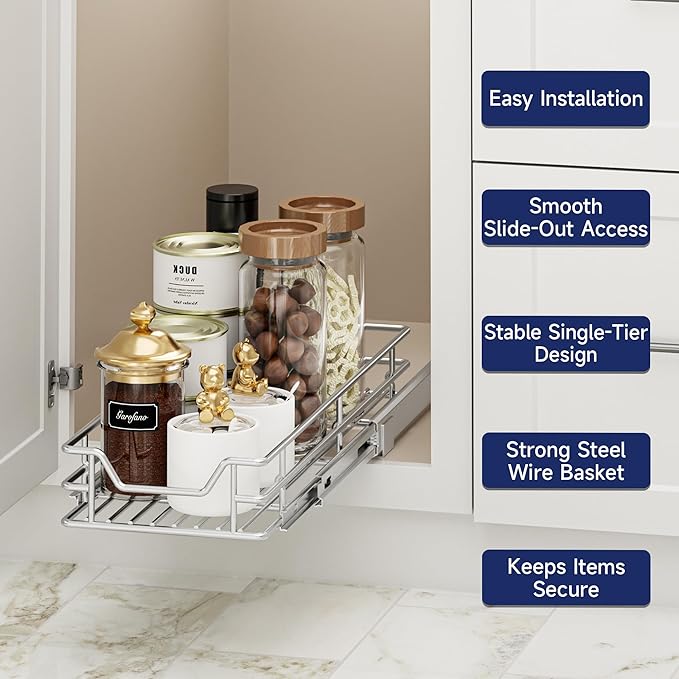 Pull Out Cabinet Organizer, 5.5" W x 21.5" D, Heavy Duty Chrome Slide Out Shelf for Narrow Base Cabinets, Sliding Wire Basket Drawer for Spices, Bottles, Snacks & Cleaning Supplies