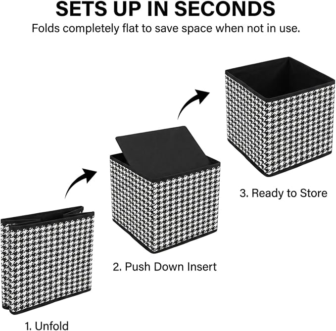 Household Essentials Foldable Fabric Storage Cubes 6-Pack – 11x11x11 Stackable Non-Woven Bins with Chipboard Sides & Grommet Handles – Closet, Shelf, Nursery, or Office Organizer – Houndstooth