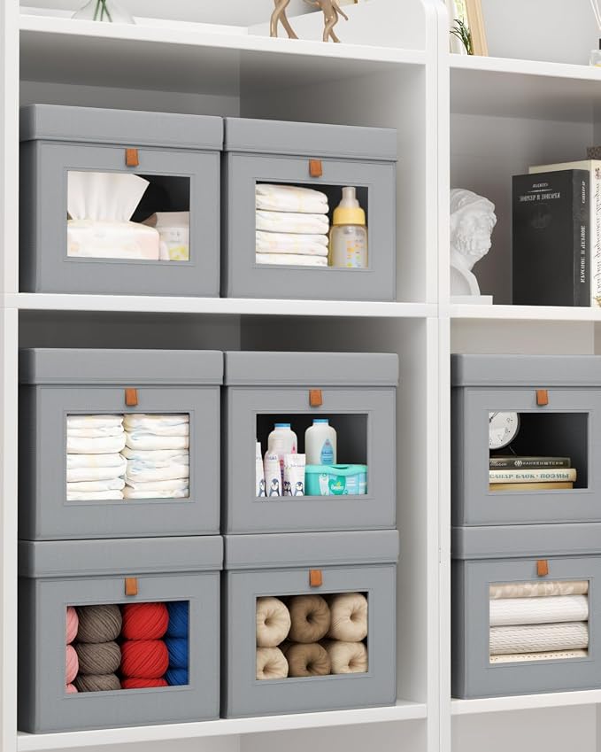 Homsorout Storage Bins with Lid – Closet Organizer with Side Opening and Clear Window, Foldable Stackable Fabric Basket for Clothes, Home, Office - 13.77" x 11.8" x 9.8", 3 Pack, Grey
