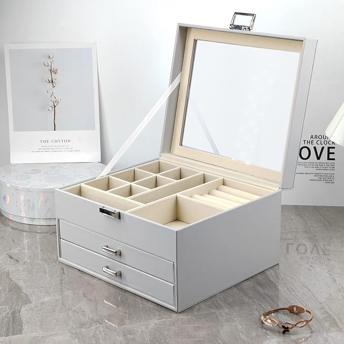 BOOVO Clear Lid Jewelry Box,3 Layers Jewelry Organizer Large Jewelry Storage Box with 2 Drawers,Jewelry Holder Organzier of Rings Earrings Necklace Bracelets for Women (Grey, 3 Layer)