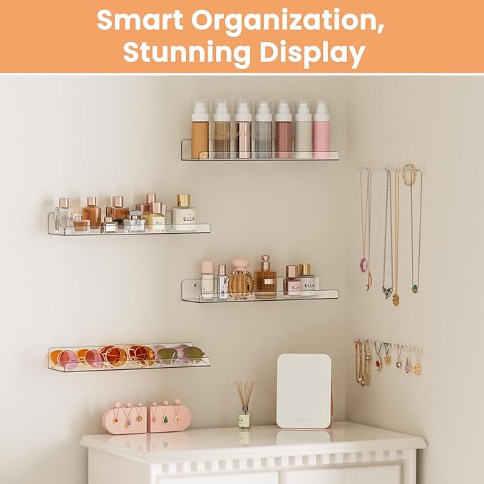 upsimples 4 Pcs 15" Acrylic Shelves for Wall Storage and Organizer, Clear | Transparent Design Highlights Skincare, Perfume, Easy-to-Find Versatile Floating Shelves for Bathroom, Bedroom and Playroom