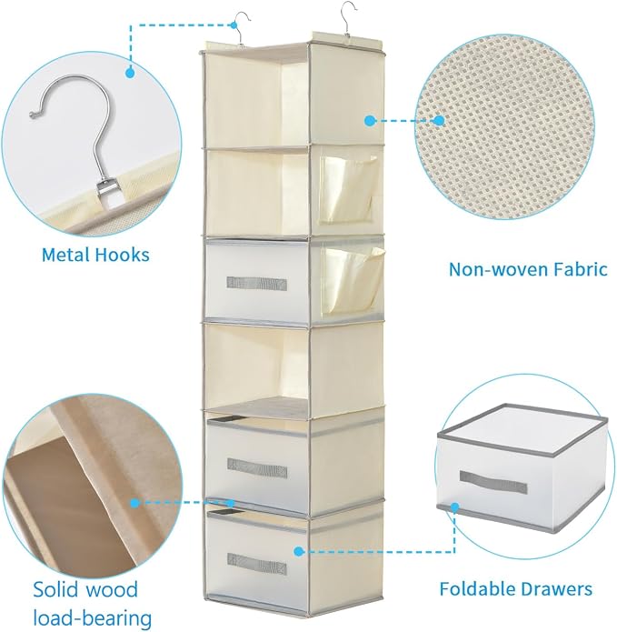 6-Tier Hanging Closet Organizer with 3Drawers and Side Pockets-Multi-FunctionalStorage for Shoes, Belts, Purses, and Clothing