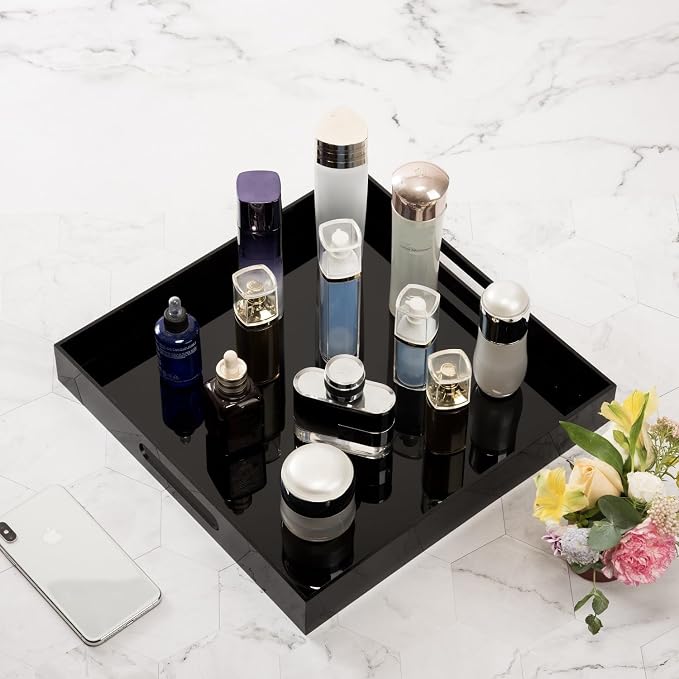 KEVLANG Glossy Black Acrylic Serving Tray - 14x14Inch, Multipurpose, Sturdy, Modern Style, Spill Proof, Countertop Organizer, Vanity Table Tray