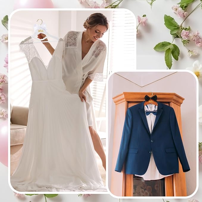 Beeveer 2 Pcs Bride Hanger for Wedding Dress Bride and Groom Wooden Wedding Dress Hanger Set with Bow Tie for Tuxedo Suit Gift Bridal Party Shower