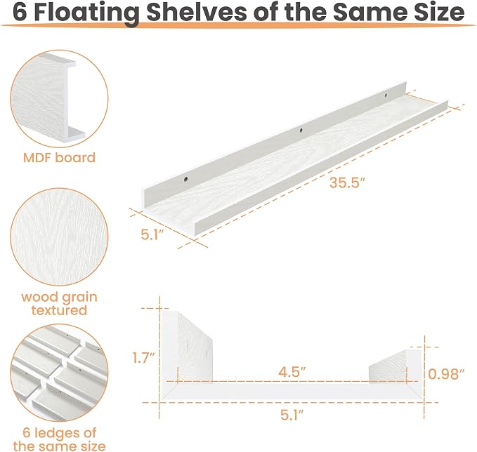 upsimples Floating Shelves for Wall, 35.5 Inch Shelves for Decor Storage Set of 6, Wall Mounted Wood Shelf for Bedroom, Living Room, Bathroom, Kitchen, Long Picture Ledge Shelves, White