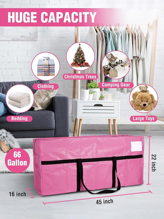 WORKPRO 2-Pack 66 Gallon Extra Large Moving Bags with Zippers & Carry Handles, Heavy-Duty Storage Totes for Moving, Dorm Move-In, Travel & Space-Saving Organization, Pink