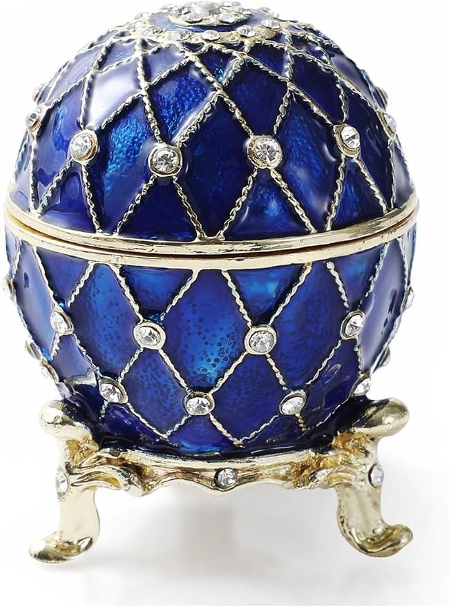 Hand Painted Trinket Box Enamel Faberge Egg Vintage Jewelry Box Easter Egg Hinged Metal Jewelry Organizer Decorative Treasure Box Unique Gifts