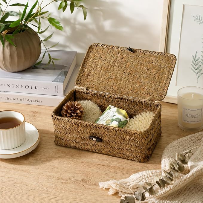 Wicker Basket with Lid, Natural Seagrass Storage Baskets for Organizing, Woven Basket for Storage, Decorative Boxes Bins with Lids Home Organizer Decor (Black, 9.05" x 5.11" x 3.34")