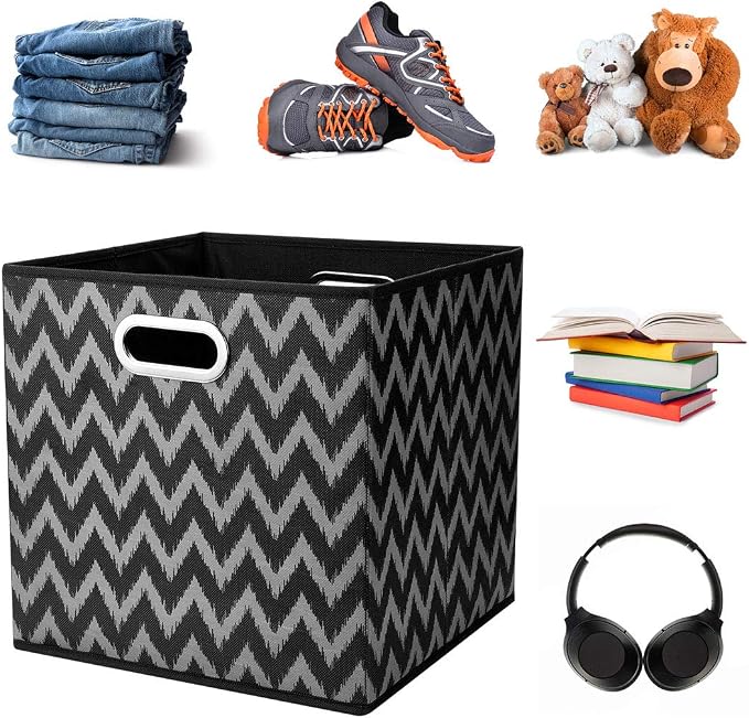 Cloth Storage Bins Set of 4 Thick Fabric Drawers Foldable Cubes Basket Organizer Container with Dual Metal Handles for Shelf Cabinet Bookcase Boxes Grey-Black 13x13x13 inch