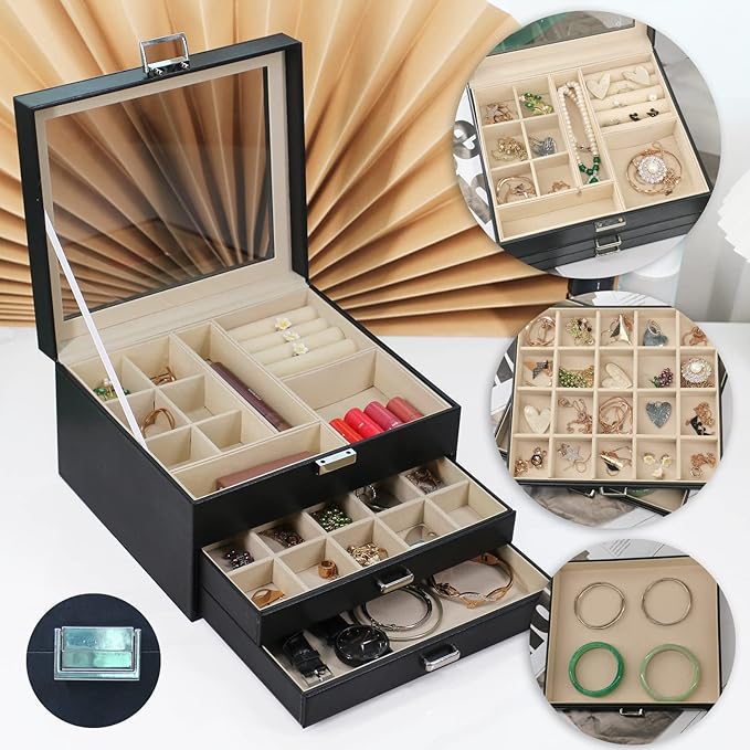 BOOVO Clear Lid Jewelry Box,3 Layers Jewelry Organizer Large Jewelry Storage Box with 2 Drawers,Jewelry Holder Organzier of Rings Earrings Necklace Bracelets for Women (Black, 3 Layer)