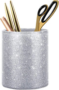 Glitter Pen Holder, Pencil Cup Desk Sparky Bling for Women Girls, Luxury Durable Makeup Brush Holder Large Pu Leather Multi-Functional Organizer Cup for Office, Classroom, Home, Silver