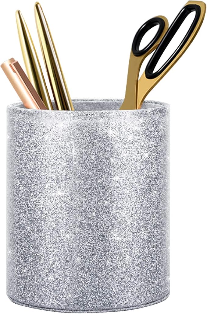 Glitter Pen Holder, Pencil Cup Desk Sparky Bling for Women Girls, Luxury Durable Makeup Brush Holder Large Pu Leather Multi-Functional Organizer Cup for Office, Classroom, Home, Silver