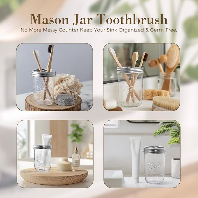 Toothbrush Holder for Bathrooms Mason Jar Toothbrush Holder 16oz Glass with Rustproof Stainless Steel Lid Wide Mouth Organizer Rustic Farmhouse Decor for Bathroom Countertop and Vanity Storage