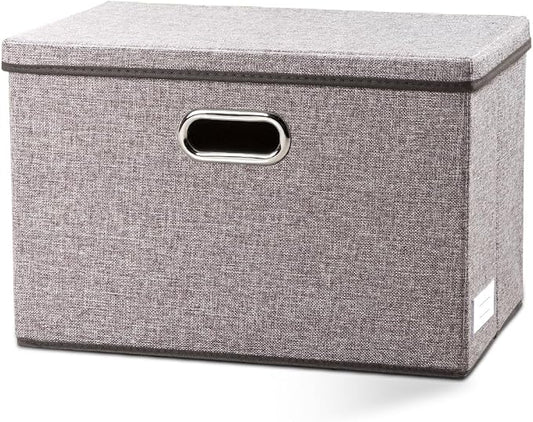 PRANDOM Large Foldable Storage Bin with Lid [1-Pack] Linen Fabric Decorative Storage Box Organizer Containers Basket Cube with Handles Divider for Bedroom Closet Office Living Room (17.7x11.8x11.8)