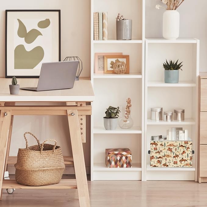 Boho Western Cowboy Storage Bin Box with Handles, Neutral Beige Desert Cactus Horse Foldable Organizer Basket Toybox for Home Kids Bedroom Bathroom Clothes Toys Books