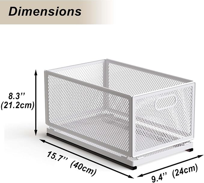Pull-Out Cabinet Organizer W 9.4"x D 15.7"XH 8.3" Metal Steel Slide Basket with Adhesive Rails for Kitchen, Closet, Pantry Storage bathroom Sliding Drawer Rack undersink shelf