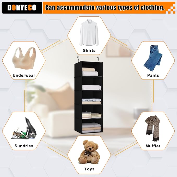 Hanging Closet Organizer 5-Shelf, Oxford Fabric Wardrobe Storage, Black | Easy-mount foldable design holds clothes, handbags, shoes & accessories; washable Oxford fabric, sturdy and space-saving.