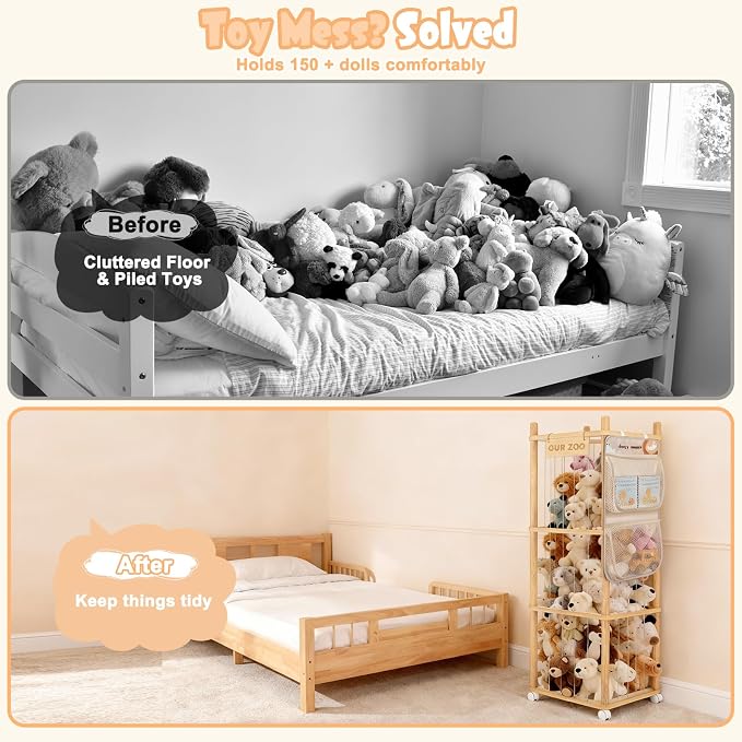 Large Stuffed Animal Storage, Wood Stuffed Animal Zoo with Brake Wheels and Hanging Storage Net, Space Save Toy Organizer, Large Capacity Stuffed Animal Holder, Perfect for Nursery Playroom Kidroom