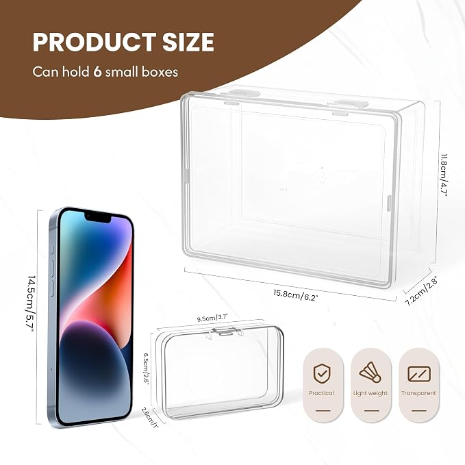 zoeynex 6-Pack Large Clear Plastic Storage Boxes with Master Case – Business Card Organizer System for 500+ Cards, Portable Hard Cases for USB Drives, Crayons, 3" Hardware & Crafts – 3.8" x 2.6" x 1"