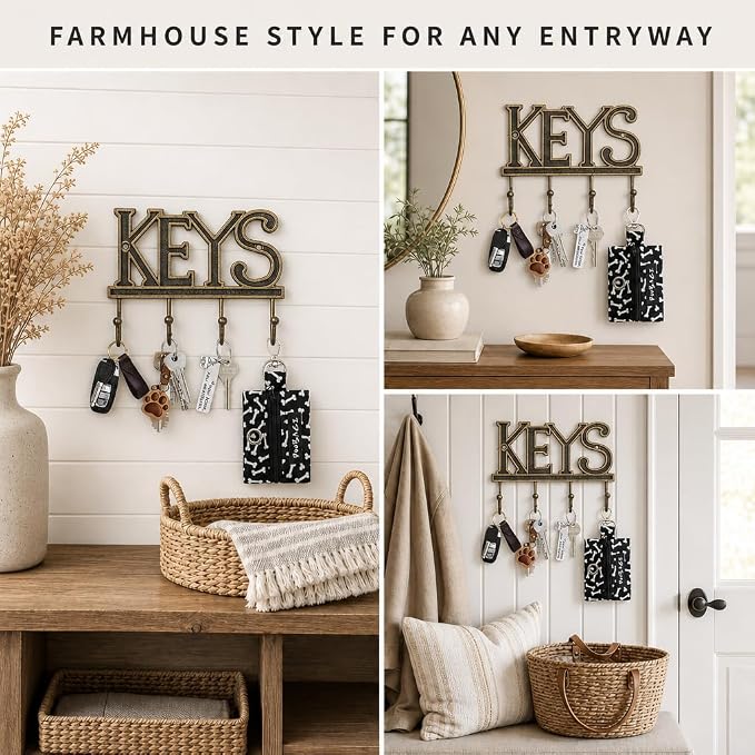 Comfify Gold-Black Cast Iron Key Holder for Wall – Keys Sign with 4 Hooks | Warm gold with black antique finish; mounting hardware included; entryway, hallway or door; 6"H x 8"L; holds 8 keychains
