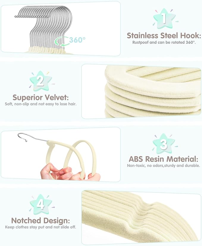 VIS'V Velvet Baby Hangers with 6 Pcs Size Dividers, 11 Inch, Beige, 30 Pcs | Compact Size, Non Slip, Infant Toddler Nursery Closet Organization