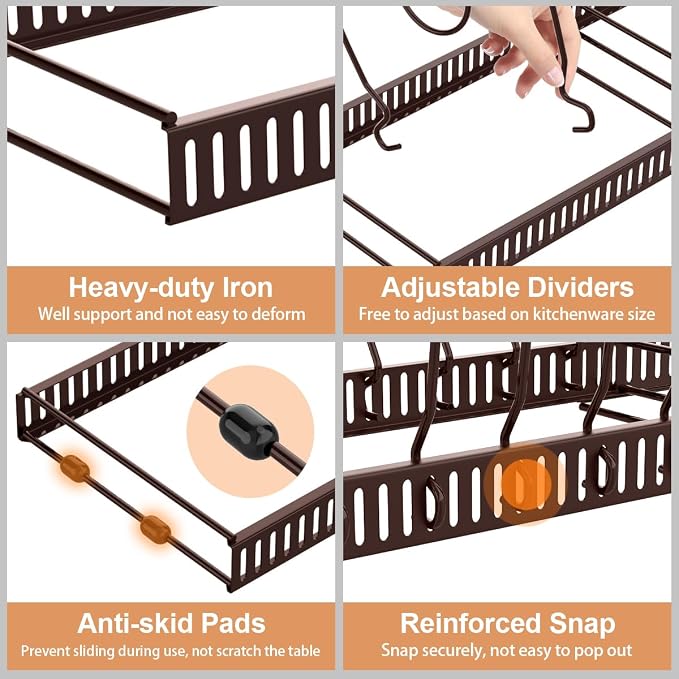 Housolution Pot and Pan Organizer Rack for Cabinet, Expandable Pot Lid Organizer with 15 Adjustable Dividers, Pan Holder Storage Rack for Kitchen Cabinet, Bronze