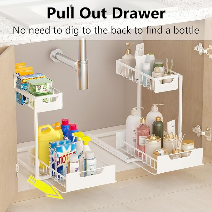 Ceetug Under Kitchen Sink Organizers and Storage, White, 2 Pack | Slide Out Drawer, L-shape, 2 Tier, Cabinet Organizer for Kitchen Bathroom