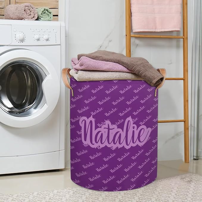 Personalized Laundry Basket, Custom Gift Laundry Hamper, Collapsible Nursery Waterproof Laundry Baskets, Dirty Clothes Toy Hamper with Handles Name Text Purple