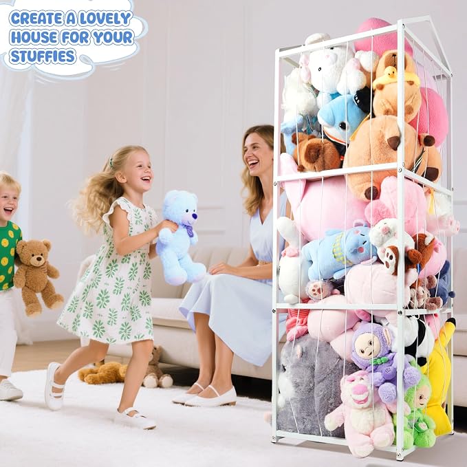 NomNest Stuffed Animal Storage Zoo, Large Metal Plushies Organizer, Heavy Duty Metal Teddy Bear Toy Holder for Kids' Bedroom & Playroom & Nursery (Non-Wheeled, White)