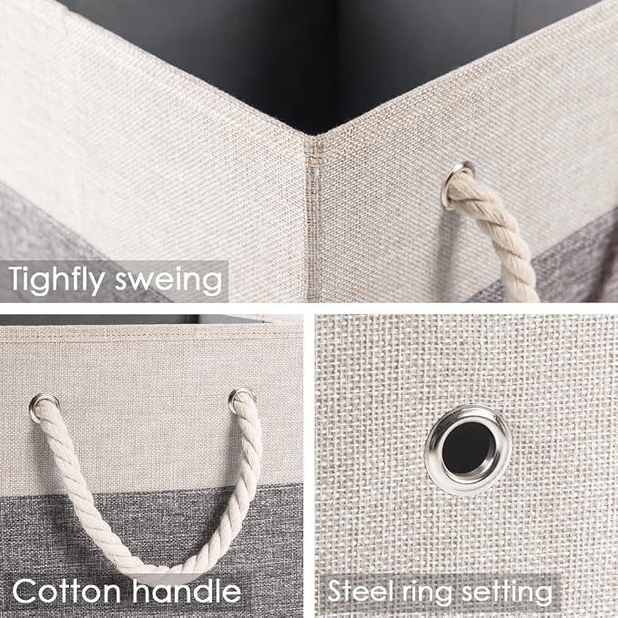 PRANDOM Large Foldable Cube Storage Bins 11x11 inch [4-Pack] Fabric Linen Storage Baskets Cubes Drawer with Cotton Handles Organizer for Shelves Nursery Closet Bedroom White and Grey
