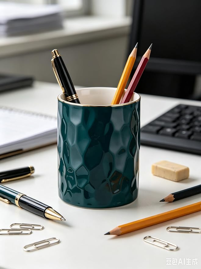 Ceramic Pen Holder Stand Cup Pencil Holder Organizer Makeup Brush Holders for Home Office Desk (Dark-Green)