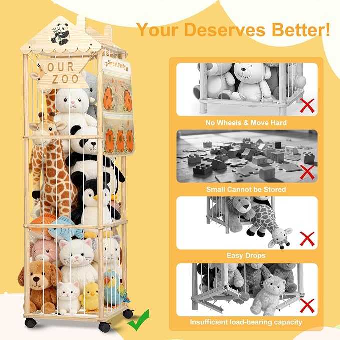 KITHELP Stuffed Animal Storage, Extra Large Stuffed Animal Organizer with Wheels, Wooden Tall Animal Zoo Display, Plushies Toy Holder with Lights and Pockets for Nursery, Playroom, Bedroom