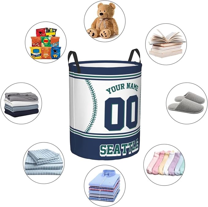 Custom Seattle Laundry Hamper Personalized Laundry Basket Customized Name And Number Collapsible Storage Basket for Bedroom Bathroom Living Room Baseball Fan Gifts